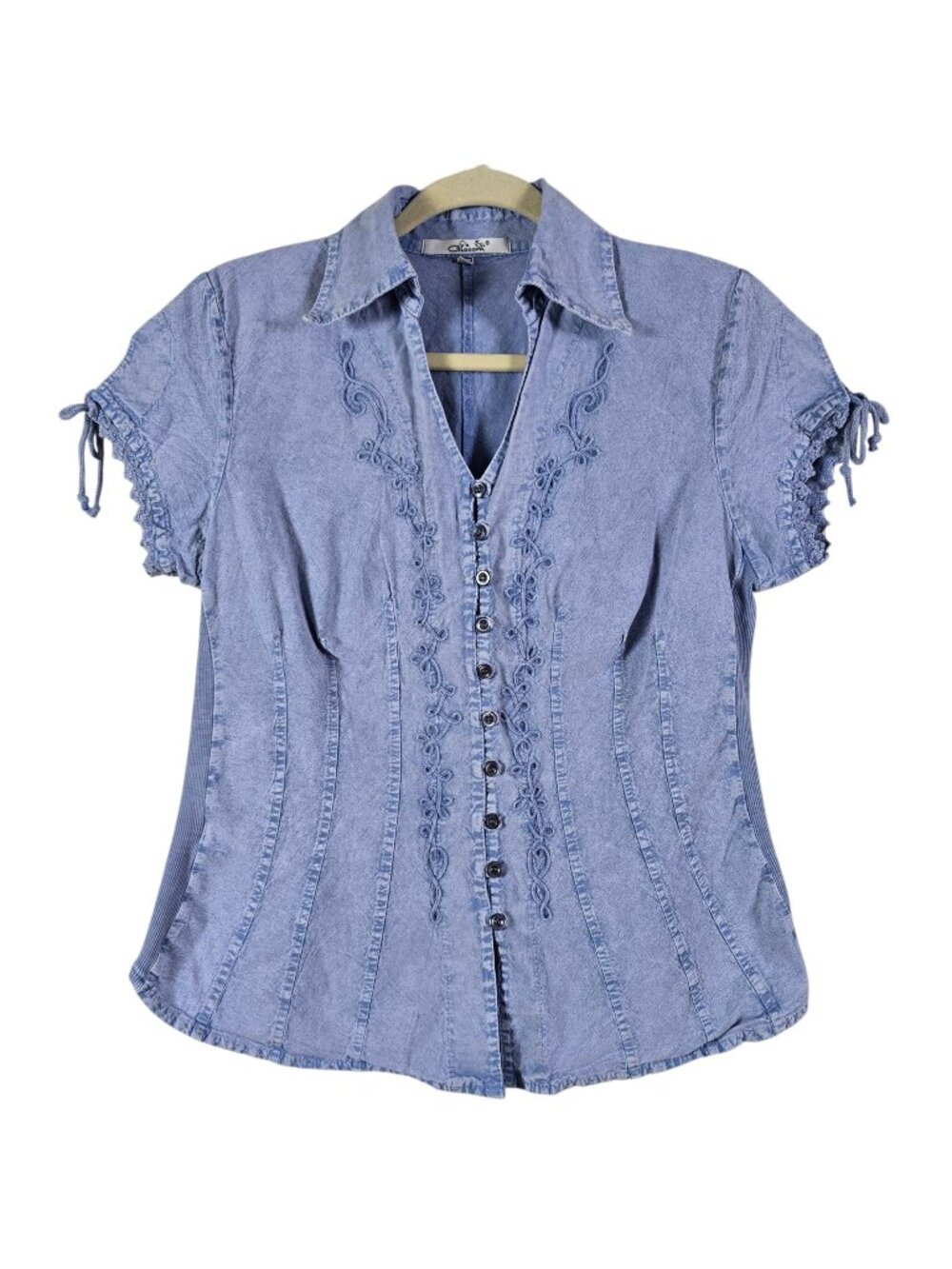 Giocam Womens Blue Denim Wash Boho Embroidered Ribbed Sides Button Up Top Small